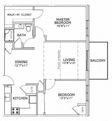 Floor plan for 2 beds, 1 bath, 928 sqft